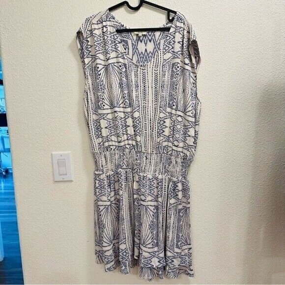 Kori America Crinkle Aztec Print Smock Waist Band Dress Navy Women’s Size Large - Picture 3 of 13